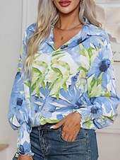 economico Top da Vacanza per Donne-Camicie hawaiane da donna Bluse Quotidiana Casual Grafica Floreale Top Regolari a maniche lunghe Camicia a maniche Lantern Collo Pulsanti Vestibilità Larga Quotidiana Vacanza Blu Rosa Rosa Estate