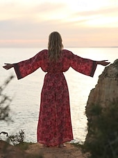 preiswerte Kleider für die Ferien-Damen Blumen V-Ausschnitt Maxikleid Langarm Sommer Frühling