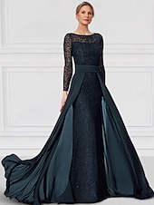preiswerte Bodenlänge-Kleid  Säulen-Kleid Brautmutter Kleid Elegantes Bateau-Ausschnitt Bodenlang Chiffon Spitze Lange Ärmel mit Spitze Einfarbig