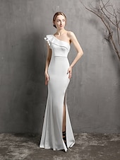 abordables BLANC-Robe de Soirée Sirène  Trompette Élégante Robe Formelle Mariage Longueur de Sol Sans Manches Une Épaule Crêpe Extensible avec Perles Volants 2025