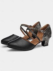 abordables Chaussures de danses latines-chaussures de danse latine classiques en cuir noir pour femmes avec semelle en daim souple et brides croisées | parfaites pour l&#039;entraînement et les performances