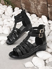 cheap Casual Sandals-Women&#039;s Gladiator Strappy Open Toe Sandals with Double Buckle, Low Wedge Heel Comfortable Summer Shoes for Casual, Vacation, and Daily Wear