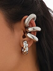 economico Orecchino da donna-set di orecchini a polsino minimalisti in argento con design spesso e strutturato: eleganti orecchini a clip per donna, ideali per la moda moderna e l&#039;uso quotidiano