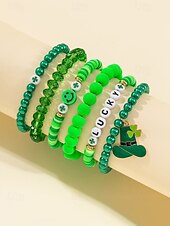 billige Damearmbånd-st. patrick&#039;s day lucky charm armbånd – irsk grønn beaded stretch armbåndsett for kvinner, festlig ferietilbehør med shamrock og bokstavdetaljer
