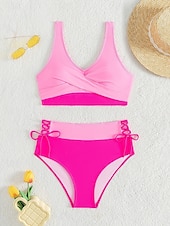 billiga Bikiniset-Dam Badkläder Bikini 2 st Kalsonger Baddräkt Öppen rygg Smal Hög midja Semester Standkläder Ensfärgat V-hals Ärmlös Baddräkter