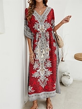 billiga Bohemklänningar-Dam Maxiklänning Vardagsklänning Boho Chic klänningar Boho-klänning bohemliv söt stil Stylish Semester Dagligen Strand Lös passning Grafisk Kortärmad V-hals Rubinrött Blå Sommar Vår Höst