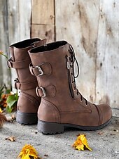 cheap Combat Boots-Versatile Brown Leather Lace-Up Boots with Military Flair for Women - Perfect for Fall and Winter Everyday Wear