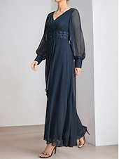 preiswerte Bodenlänge-A-Linien Kleid Mutter der Braut Kleid Elegantes Party V-Ausschnitt Bodenlang Chiffon 3/4 Ärmel mit Perlen