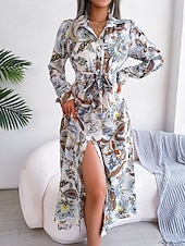 halpa Mekot-Naisten Maksimekko Rento mekko A linjainen mekko Boho-mekko Böömi Tyylikäs Vapaa-aika Loma Päivittäin Normaali Paisley-kuvio Pitkähihainen Paitapuserokaula-aukko Valkoinen Kuninkaallinen sininen