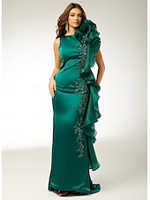 preiswerte GRÜN-Meerjungfrau/Trompete Abendkleid elegantes Kleid Verlobung Sweep/Pinselschleppe ärmellos bodenlang Rundhals Herbst Hochzeitsgast Stretch Satin mit Applikationen 2025