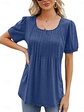 preiswerte Damen Einfache Oberteile-Damen Hemd Bluse Feste Farbe Basic Brautkleider schlicht Kurzarm Rundhalsausschnitt Normale Oberteile Täglich Rüschen Weiß Wein Marineblau Sommer Frühling