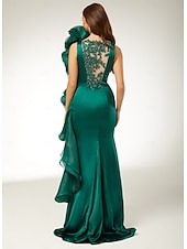 preiswerte GRÜN-Meerjungfrau/Trompete Abendkleid elegantes Kleid Verlobung Sweep/Pinselschleppe ärmellos bodenlang Rundhals Herbst Hochzeitsgast Stretch Satin mit Applikationen 2025