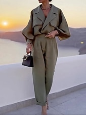preiswerte Blusenanzüge für Damen-Damen Modisch Strassenmode Täglich Hemd Hose mit weitem Bein Langarm Hemdkragen Glatt Formal B¨¹ro Grün Herbst Regular Fit