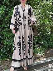 cheap Boho Dress-Women&#039;s Maxi Dress Casual Dress Swing Dress Boho Dress Vintage Ethnic Casual Vacation Daily Regular Fit Floral Long Sleeve Notched Neck Black White Spring Fall