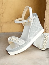 preiswerte Lässige Sandalen-Silberne Damen-Keilsandaletten mit Perlenverzierung und Fesselriemchen, elegante Plateauschuhe für Hochzeiten, Partys und besondere Anlässe