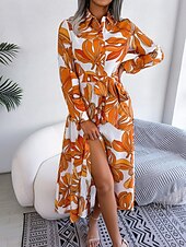 preiswerte Kleider für die Ferien-Damen Maxidress blusenkleid Casual kleid A Linie Kleid Stilvoll Brautkleider schlicht Urlaub Täglich Regular Fit Blumen Langarm Hemdkragen Blau Orange Frühling Herbst