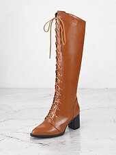 baratos Botas da moda-botas femininas elegantes de couro sintético marrom com cadarço e salto bloco | perfeitas para o outono e inverno