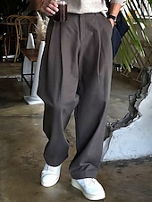 baratos Solto-Homens Social Calças chinês Calças Plissadas Botões Bolsos Perna reta Tecido Conforto Formal Festa Trabalho Moda Estilo Clássico Preto Cinzento Escuro Micro-Elástica