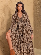 levne Boho šaty-Dámské Maxi šaty Volnočasové šaty Boho šaty s dlouhým rukávem Boho šaty Na běžné nošení Cikánský Nahoře nabírané Domů Práce Denní Běžný Grafika Geometrický Dlouhý rukáv Do V Žlutá Hnědá Léto Jaro