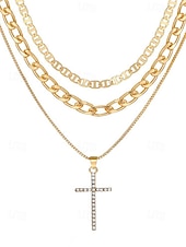 cheap Women&#039;s Necklace-Layered Gold Chain Necklace Set with Cross Pendant and Simulated Rhinestone Accents – Fashionable Jewelry for Women, Perfect for Parties, Everyday Wear, and Special Occasions
