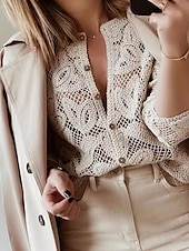 billige Blonder topper-Dame Bluse Helfarge Grunnleggende Fritid Langermet Crew-hals Vanlige topper Daglig Uthult Knapper Kakifarget Høst Vinter