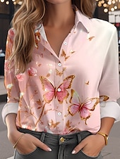cheap Women&#039;s Animals Tops-Valentine&#039;s Day Women&#039;s Shirt Butterfly Casual Long Sleeve Shirt Collar Regular Tops Work Daily Buttons Print Pink Spring Fall Winter