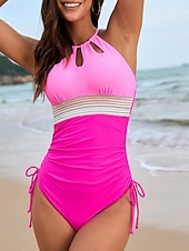 billiga One-piece-baddräkter-Dam Badkläder En bit Monokini Baddräkt Öppen rygg Magkontroll Hög midja Smal Semester Standkläder Randig Halterneck Ärmlös Baddräkter