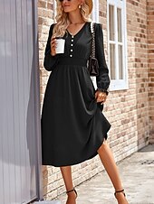 preiswerte Kleider für die Arbeit-Damen Midikleid Casual kleid A Linie Kleid Stilvoll Basic Brautkleider schlicht Urlaub Täglich Regular Fit Glatt Langarm V Ausschnitt Schwarz Armeegrün Sommer Frühling