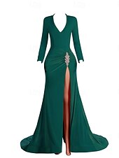 preiswerte Rosa-Meerjungfrau/Trompete Abendkleid elegantes Kleid Abend Party Verlobung Hofschleppe Langarm V-Ausschnitt Samt mit Schlitz Applikationen 2025