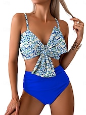 billiga Bikiniset-Dam Badkläder Bikini 2 st Kalsonger Baddräkt Öppen rygg Smal Hög midja Semester Standkläder Blommig V-hals Ärmlös Baddräkter