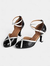 cheap Latin Shoes-Black and Gold Crocodile Pattern Dance Shoes for Women with Glitter Strap and Mid Heel - Perfect for Ballroom and Latin Dancing