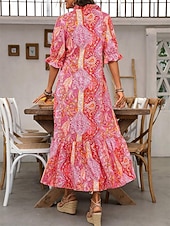 cheap Vacation Boho Dress-Women's Maxi Dress Casual Dress Boho Dress Cute Stylish Casual Vacation Daily Loose Fit Graphic 3/4 Length Sleeve V Neck Red Blue Orange Summer Spring Fall