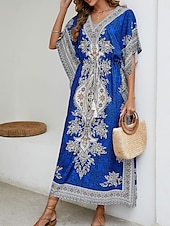 billiga Bohemklänningar-Dam Maxiklänning Vardagsklänning Boho Chic klänningar Boho-klänning bohemliv söt stil Stylish Semester Dagligen Strand Lös passning Grafisk Kortärmad V-hals Rubinrött Blå Sommar Vår Höst