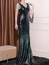abordables Semi-formel / Cocktail-Robe de Prom Sirène  Trompette Sequin Robe de Soirée Ombre Cocktail Formelle Longue au Sol Sans Manches Col en V avec Perles Sequin