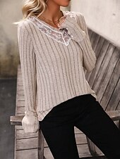preiswerte Spitzenoberteile-Damen Elegante Spitzenoberteile Eyelet Bluse Lässige Einfarbige Reguläre Oberteile Langarm V-Ausschnitt Spitzen-Patchwork Reguläre Passform Tägliche Romantische Petite Oberteile Sommer Urlaub