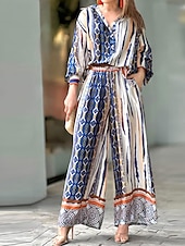 preiswerte Zweiteilige Sets-Damen Modisch Strassenmode Bluse Hose mit weitem Bein Langarm Hemdkragen Geometrisch Formal Party Arbeit Weiß Herbst Lockere Passform