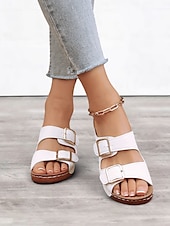cheap Vacation Sandals-Women&#039;s Dark Blue Double Buckle Slip-On Sandals with Cushioned Sole, Casual Summer Shoes for Beach and Everyday Wear