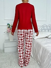 billiga Sovkläder till damer-Dam Pyjamas set Ledigt Komfort Comfrt Hjärta Rutnät / Pläd T-shirt Byxa Hem Långärmad Rund hals Rubinrött Vår Höst Vinter