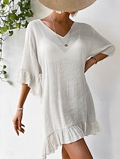 cheap Design Cotton &amp; Linen Dresses-Women&#039;s Midi Dress Linen-Inspired Dresses White Dress Black Dress Casual Dress Elegant Stylish Casual Vacation Daily Regular Fit Plain Short Sleeve V Neck Black White Summer