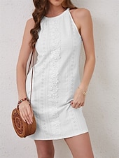 abordables Vestidos de encaje blanco-Mujer vestido largo vestido largo Vestido de encaje Vestido informal Elegante Casual Vacaciones Diario Ajuste regular Plano Sin Mangas Cuello Barco Blanco Verano Primavera