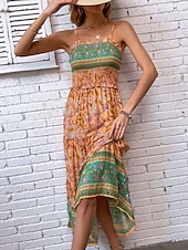 levne Boho šaty-Dámské Maxi šaty Volnočasové šaty Boho Chic šaty Boho šaty Čechy stylové Na běžné nošení Dovolená Denní Plážové Volný Grafika Bez rukávů Do V Oranžová Léto Jaro