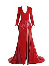 preiswerte Rosa-Meerjungfrau/Trompete Abendkleid elegantes Kleid Abend Party Verlobung Hofschleppe Langarm V-Ausschnitt Samt mit Schlitz Applikationen 2025