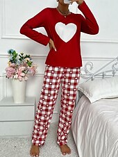 billiga Sovkläder till damer-Dam Pyjamas set Ledigt Komfort Comfrt Hjärta Rutnät / Pläd T-shirt Byxa Hem Långärmad Rund hals Rubinrött Vår Höst Vinter