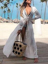 abordables Robes de plage-Robes de plage femme couvrant maillots de bain en dentelle patchwork Vêtements de plage de vacances Couleur unie à manches longues