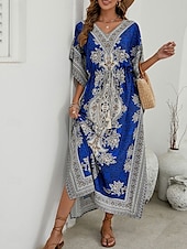 billiga Bohemklänningar-Dam Maxiklänning Vardagsklänning Boho Chic klänningar Boho-klänning bohemliv söt stil Stylish Semester Dagligen Strand Lös passning Grafisk Kortärmad V-hals Rubinrött Blå Sommar Vår Höst