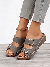 cheap Vacation Sandals-Women&#039;s Dark Blue Double Buckle Slip-On Sandals with Cushioned Sole, Casual Summer Shoes for Beach and Everyday Wear