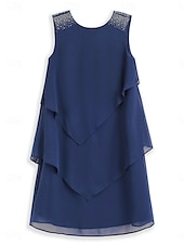 cheap Work Dresses-Women&#039;s Wedding Guest Cocktail Dress Chiffon Tiered Plain Layered Sequin Elegant  Mini Dress V Neck Sleeveless Navy Blue Green Summer