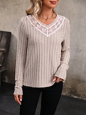 preiswerte Spitzenoberteile-Damen Elegante Spitzenoberteile Eyelet Bluse Lässige Einfarbige Reguläre Oberteile Langarm V-Ausschnitt Spitzen-Patchwork Reguläre Passform Tägliche Romantische Petite Oberteile Sommer Urlaub