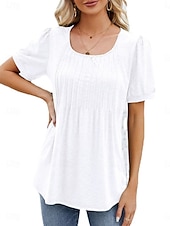 preiswerte Damen Einfache Oberteile-Damen Hemd Bluse Feste Farbe Basic Brautkleider schlicht Kurzarm Rundhalsausschnitt Normale Oberteile Täglich Rüschen Weiß Wein Marineblau Sommer Frühling