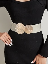 cheap Women&#039;s Belt-Women&#039;s Elastic Waist Belt with Gold Circle Buckle - Fashionable Wide Stretch Belt for Dresses, Casual and Formal Occasions